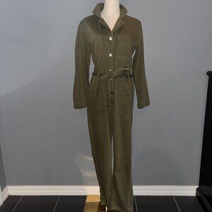 MNG DENIM MANGO LONG SLEEVE BUTTON JUMP SUIT - ARMY GREEN - MILITARY - EUC - M